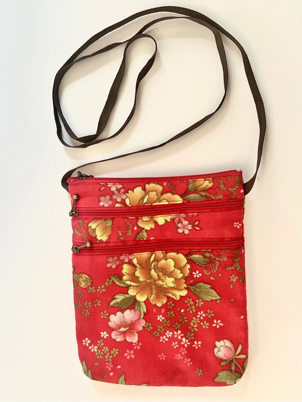 Asian Inspired Red Floral Crossbody with Brown Grosgrain Ribbon Strap